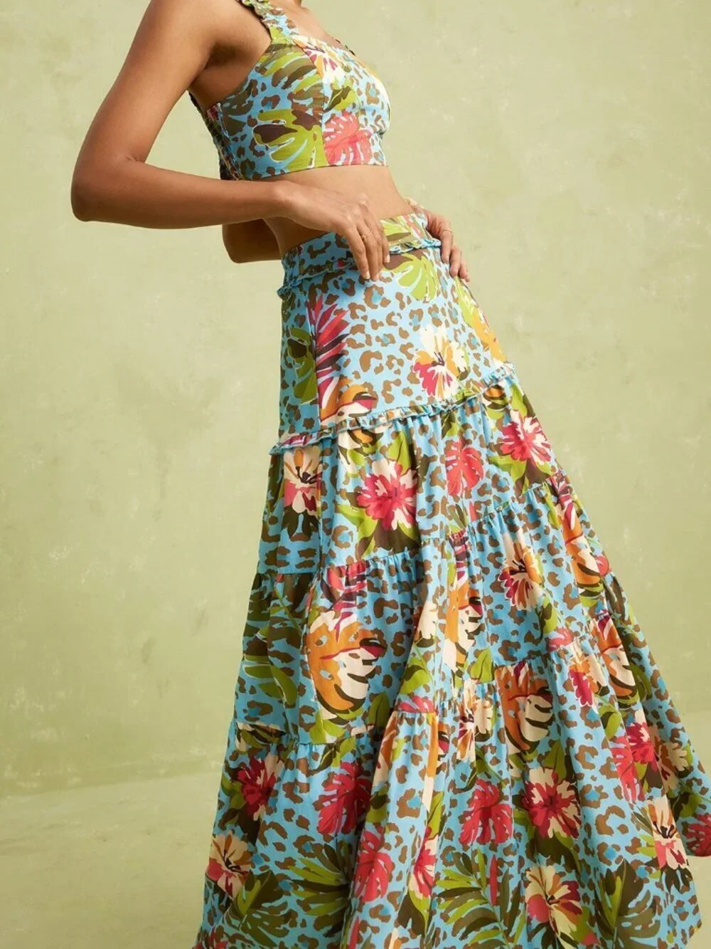 Multicolor Boho Women's Tropical Leopard Floral Cami Crop Top & Skirt Set